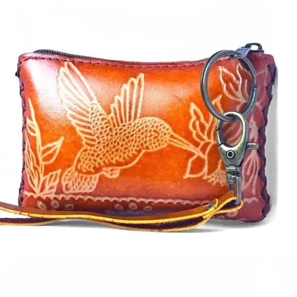 1 LEFT! Genuine Leather Handmade Handcrafted Hummingbird Wristlet Pouch - Picture 3 of 4